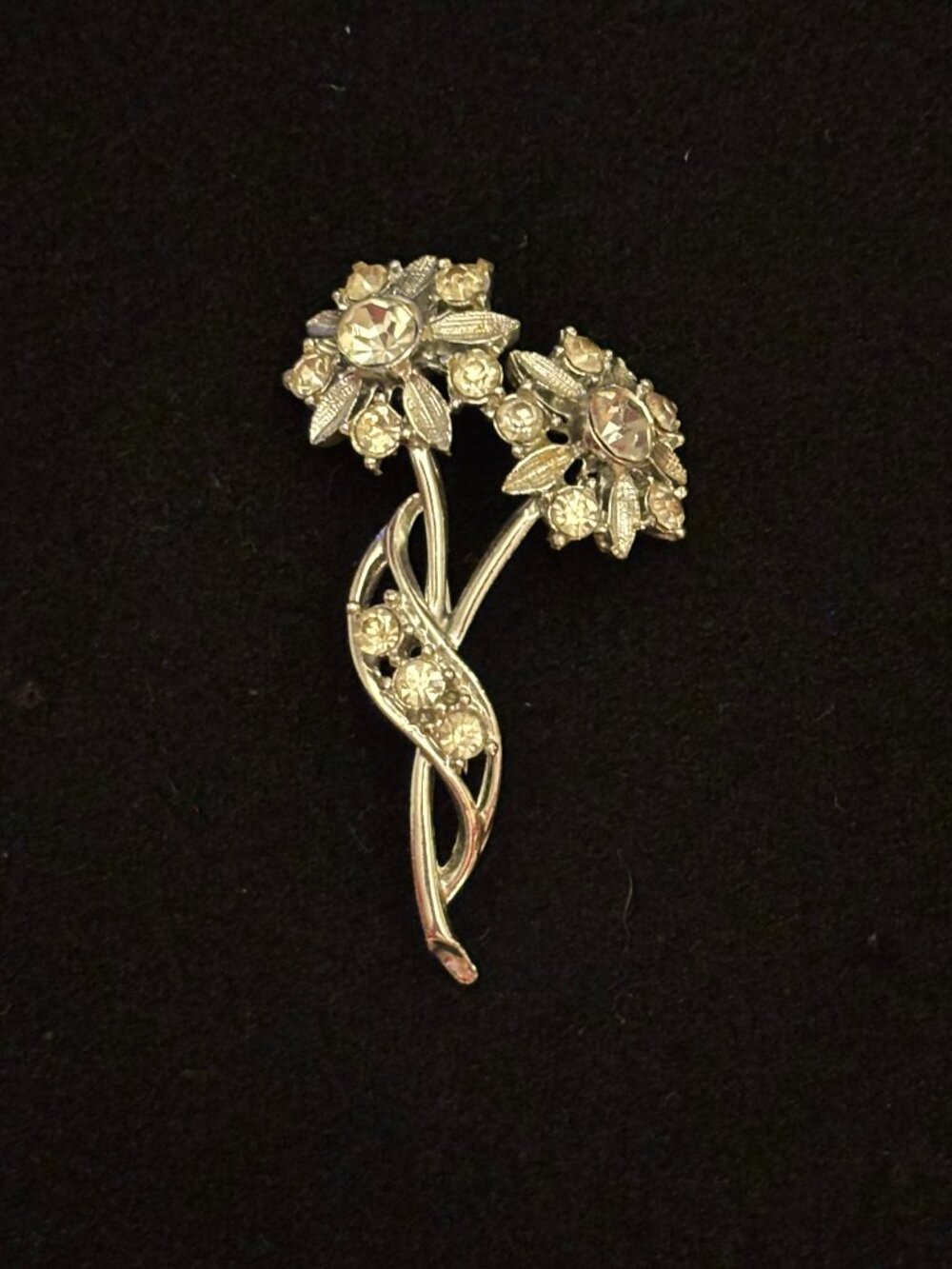 Vintage Art Deco Silver Tone Clear Rhinestone Flower Bouquet Brooch